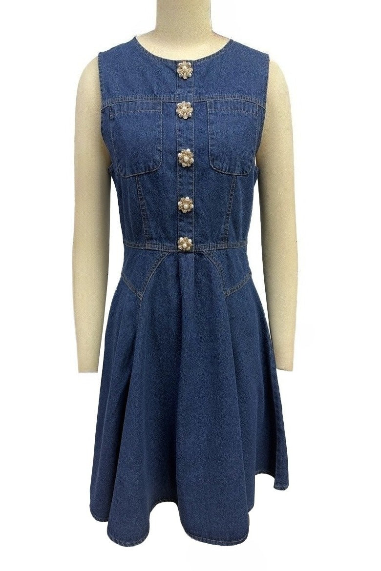 Decorative Jeweled Button Denim Mini Dress