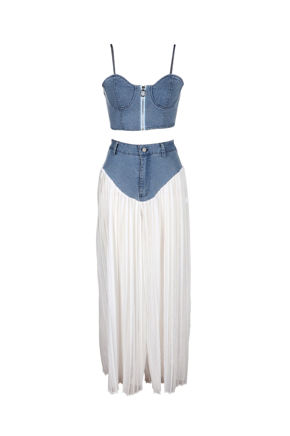 Denim Corset & Pleated Chiffon Pants Set