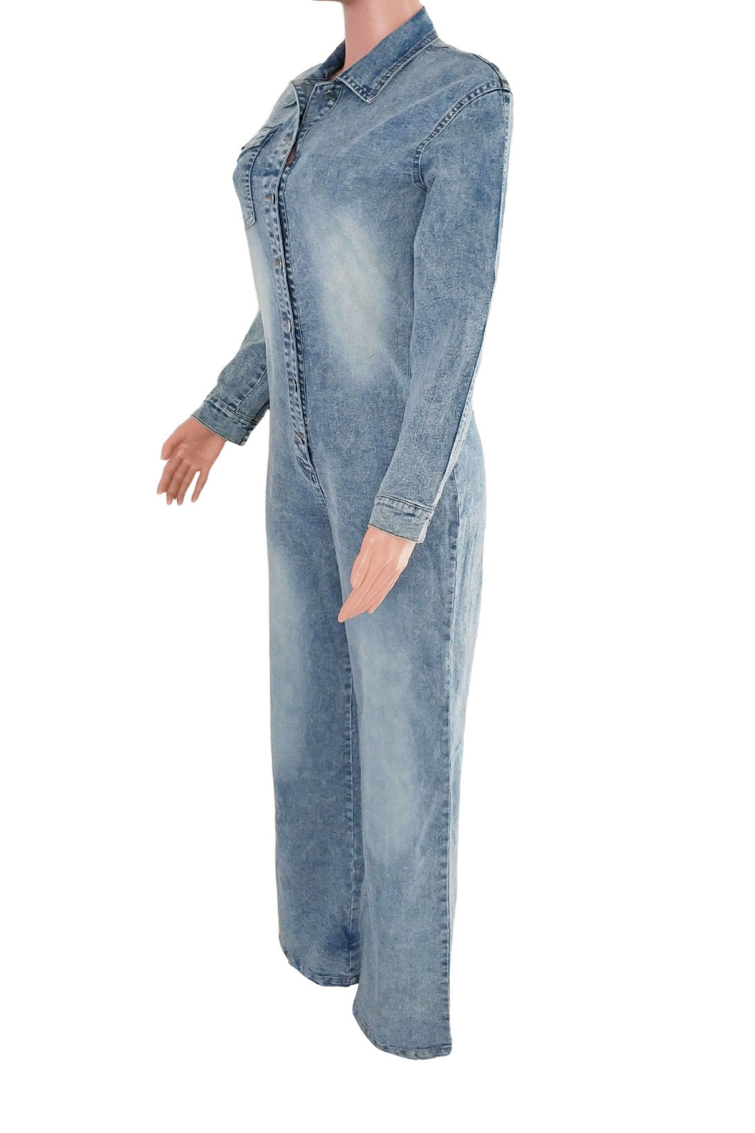 Slim Fit Long Sleeve Washed Denim Jumpsuit