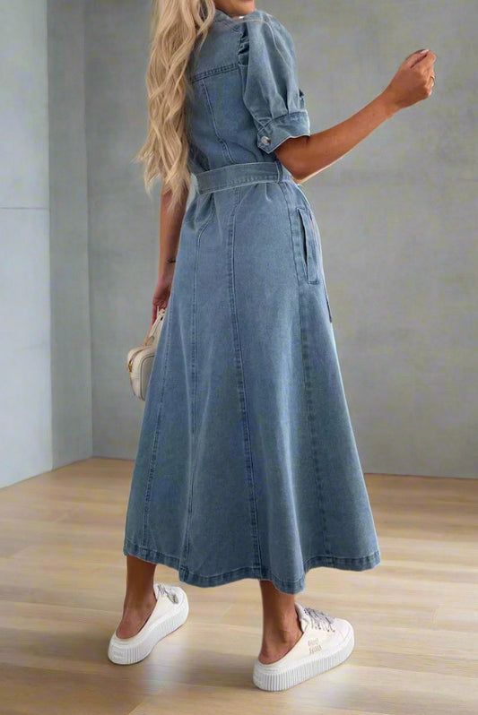 Button Front Belted Denim Midi Dress