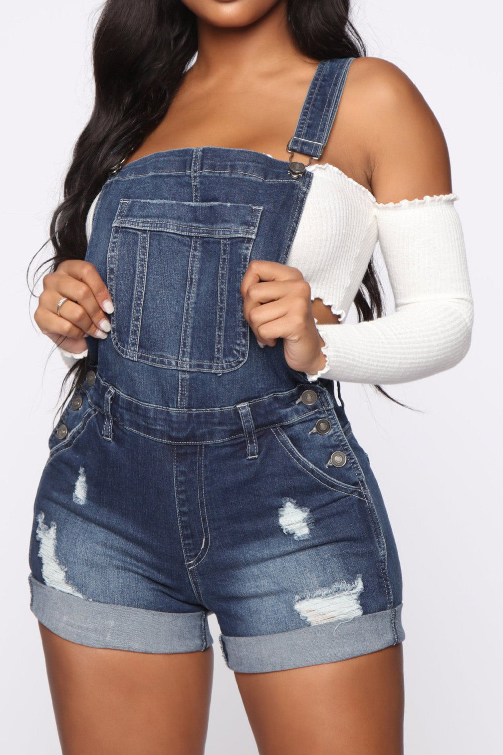 Distressed Denim Suspender Romper