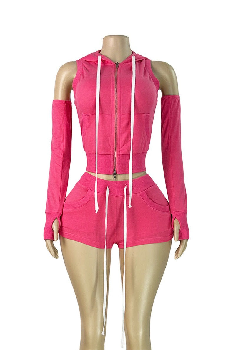 3-Piece Zip Hoodie Shorts & Sleeves Set