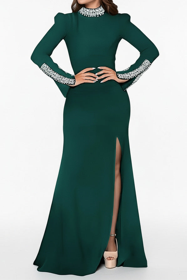 Long Sleeve Rhinestone Turtleneck Maxi Dress