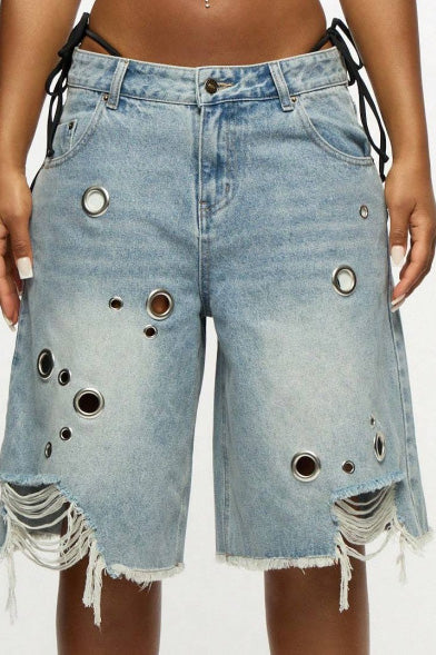 Oversized Grommet Distressed Long Shorts