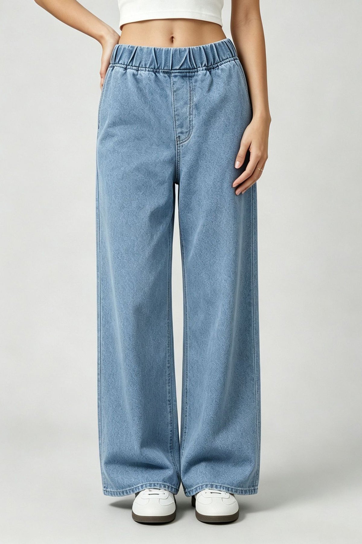 Elastic Waist Non-Stretch Wide Leg Jeans