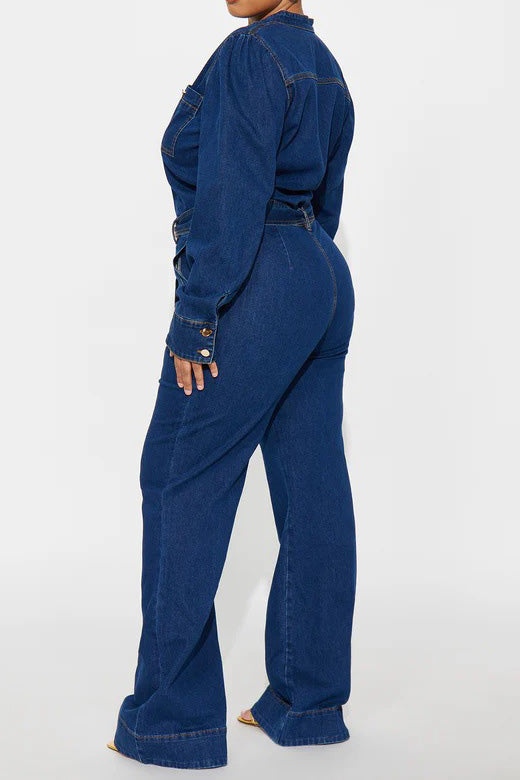 Long-Sleeve Wide-Leg Denim Jumpsuit