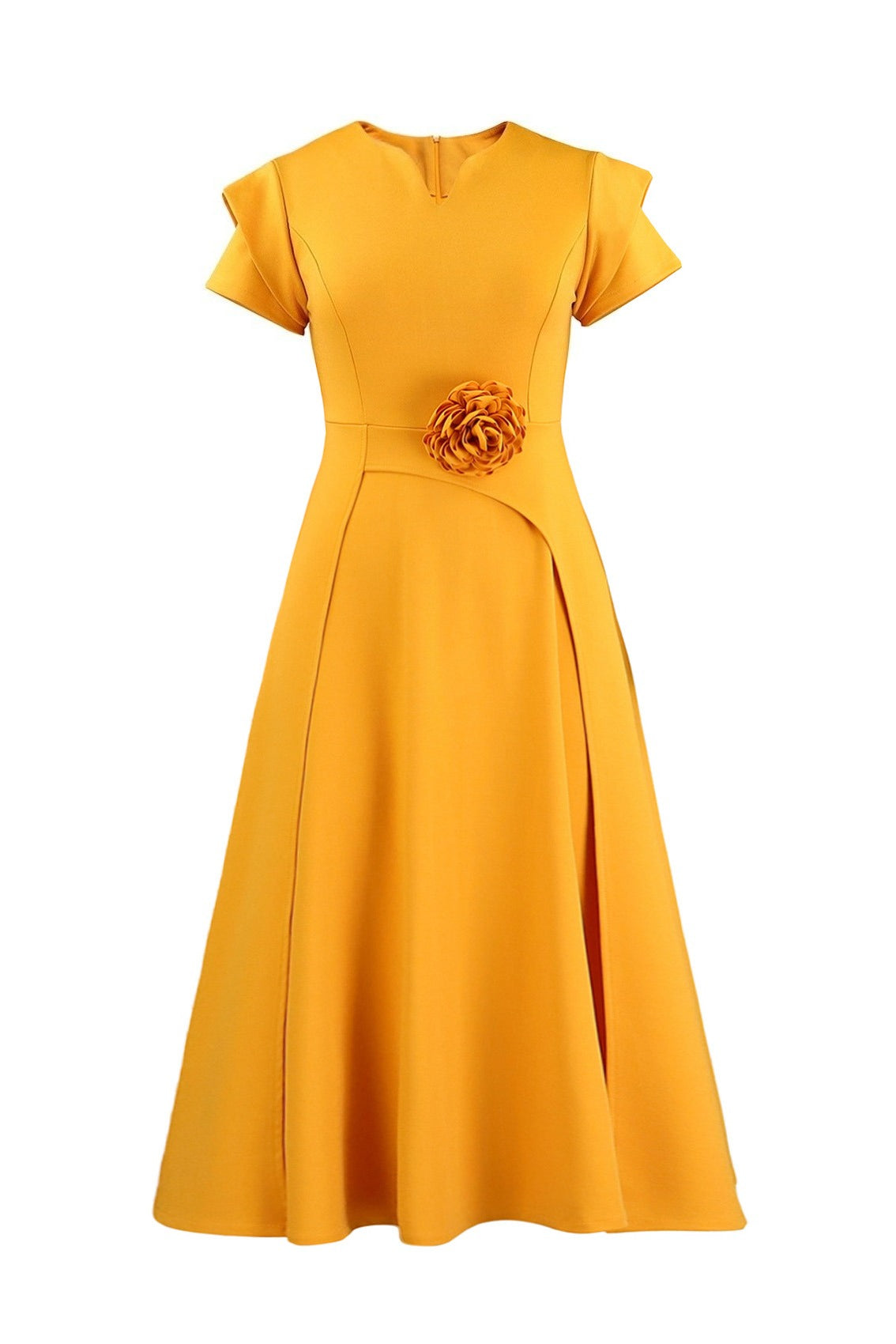 3D Floral Notched Neck A-Line Midi Dress