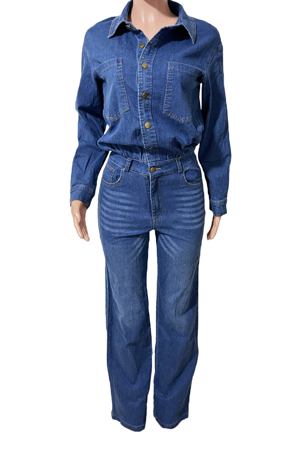 Stretch Long Sleeve Denim Jumpsuit