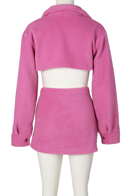 Fleece Long Sleeve Crop Tops Button Split Skirts