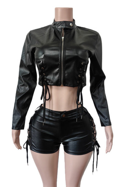 Lace-Up Faux Leather Jacket & Shorts Set