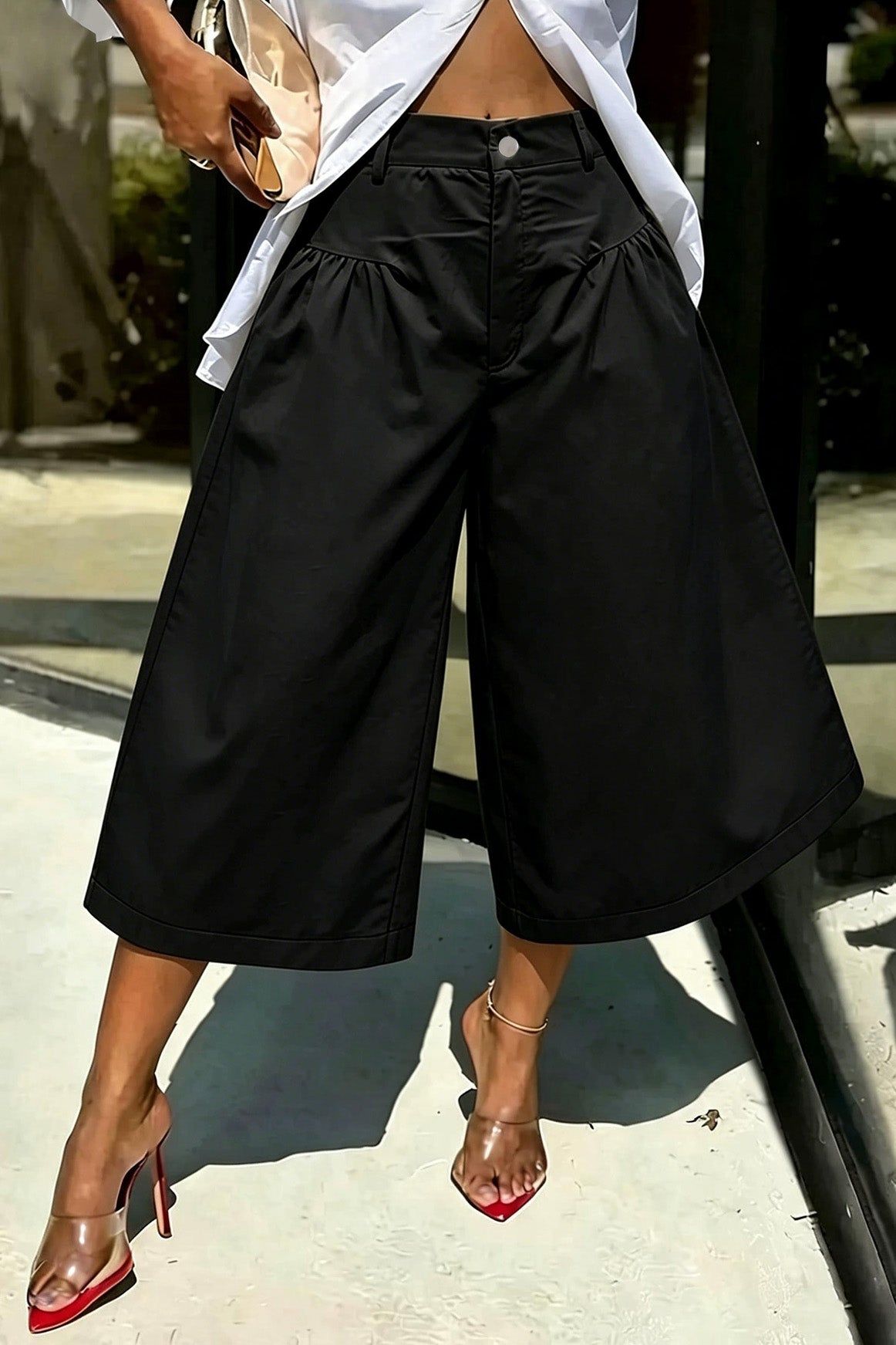 High Waist Gathered Wide Leg Culottes
