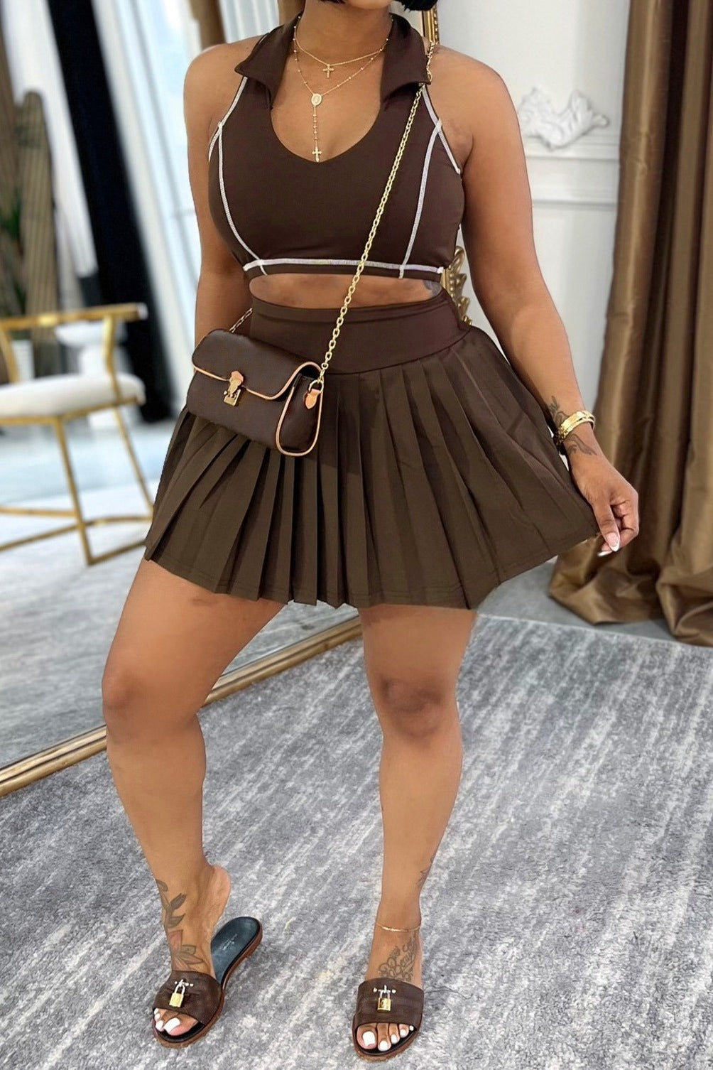 Contrast Stitch Collared Crop Top & Pleated Mini Skirt Set