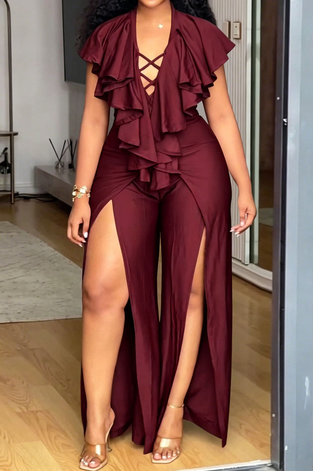 Ruffle Lace-Up High Slit Jumpsuit