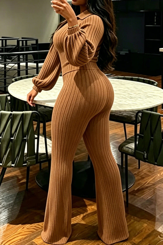 Ribbed Knit Collared Flare Pant 2-Piece Set
