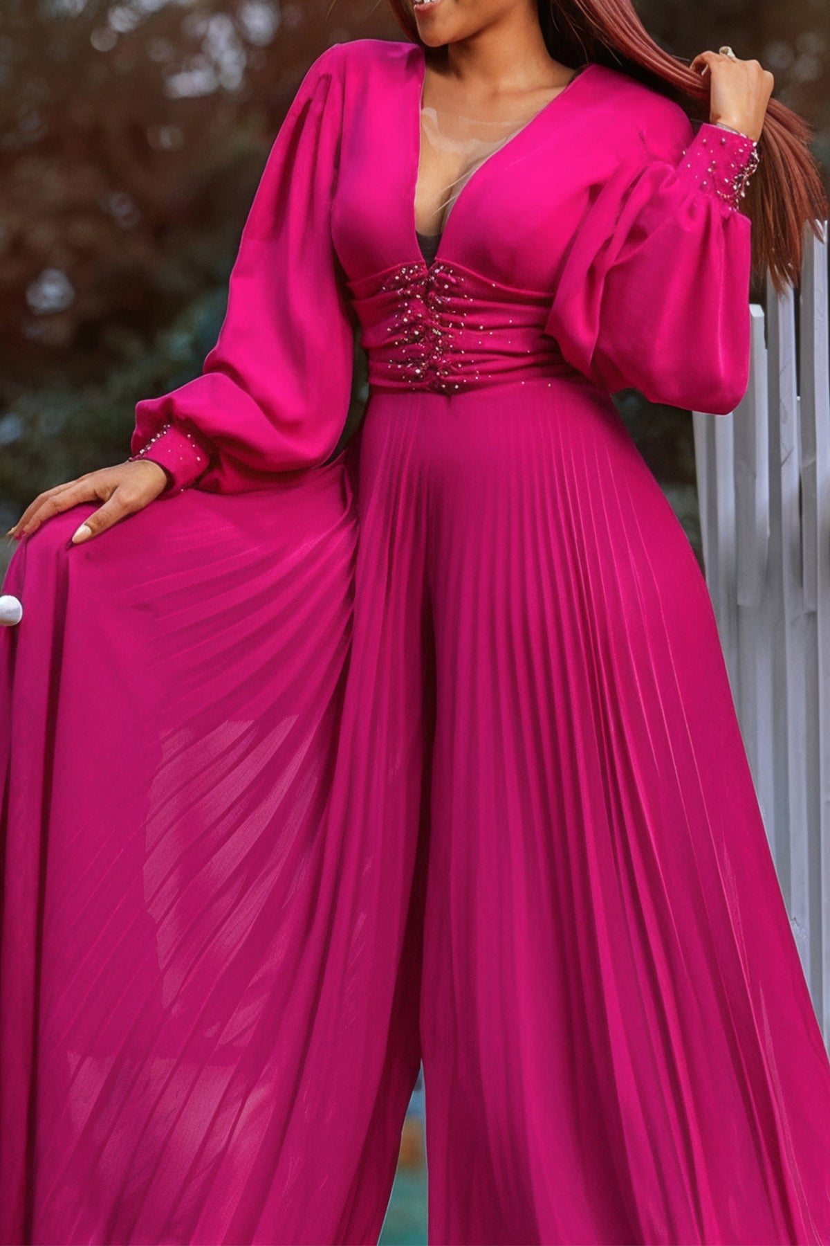 Plus Size Beaded Mesh Wide-Leg Jumpsuit