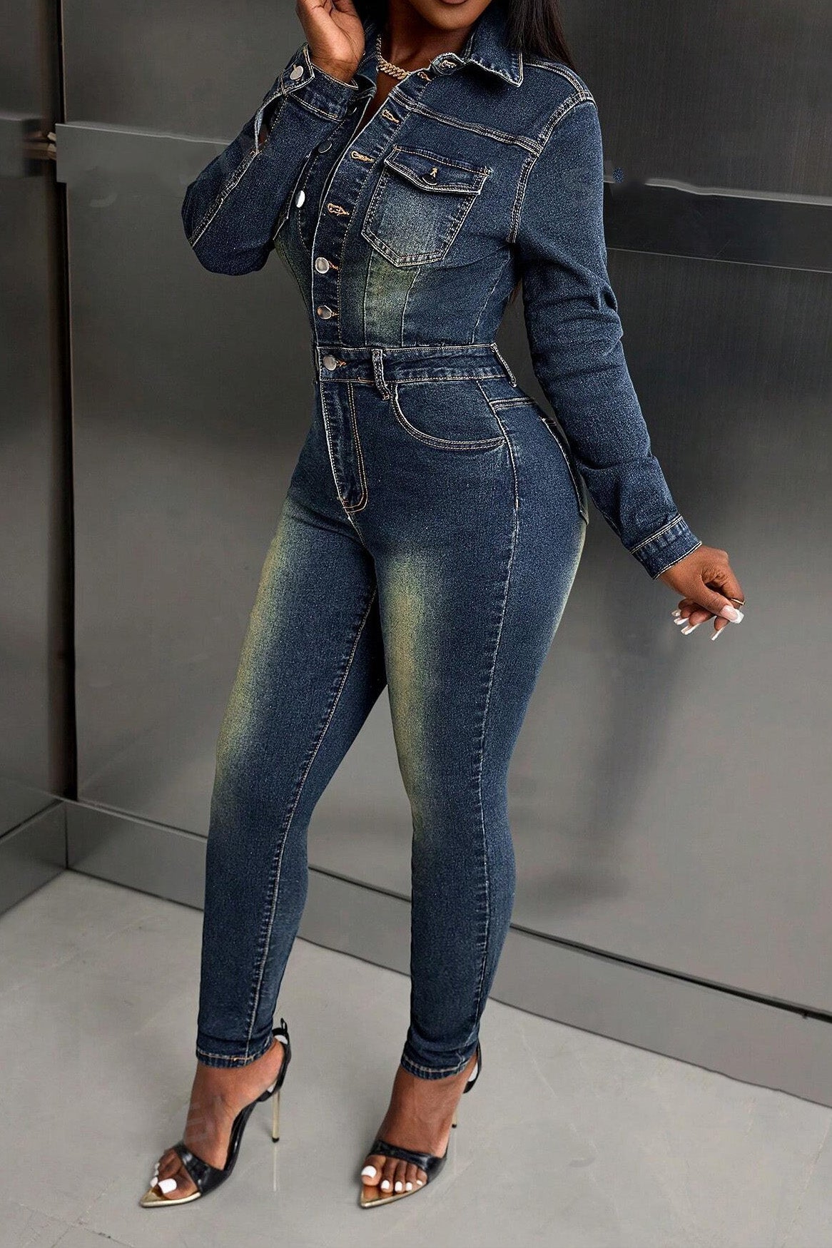 Stretch Denim Jumpsuit Long Sleeve Slim Fit