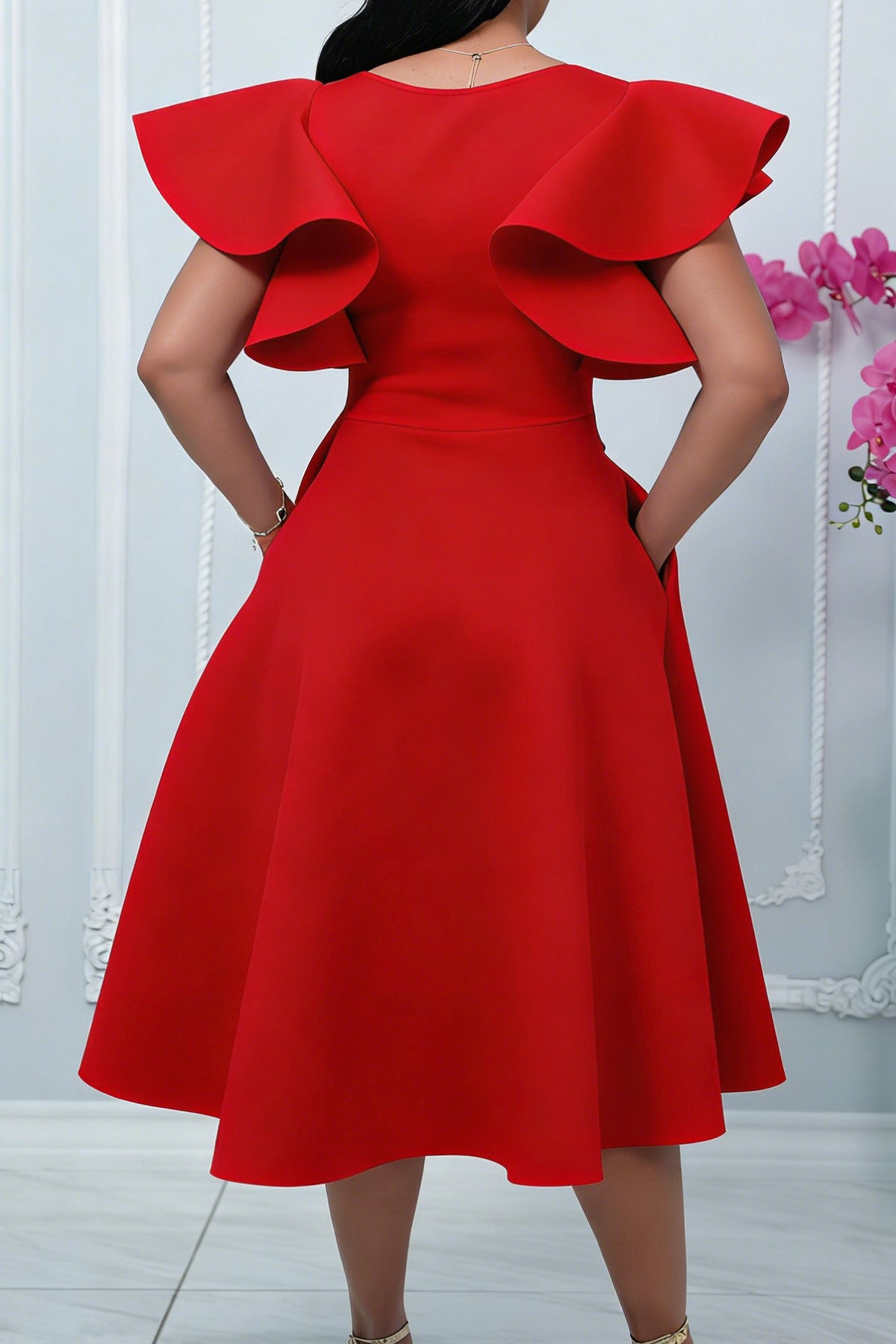 Elegant Ruffle Sleeve Belted Midi Dress