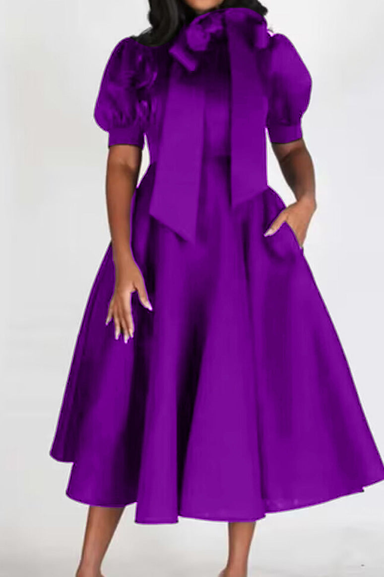 Elegant Tie-Neck Puff Sleeve A-Line Dress