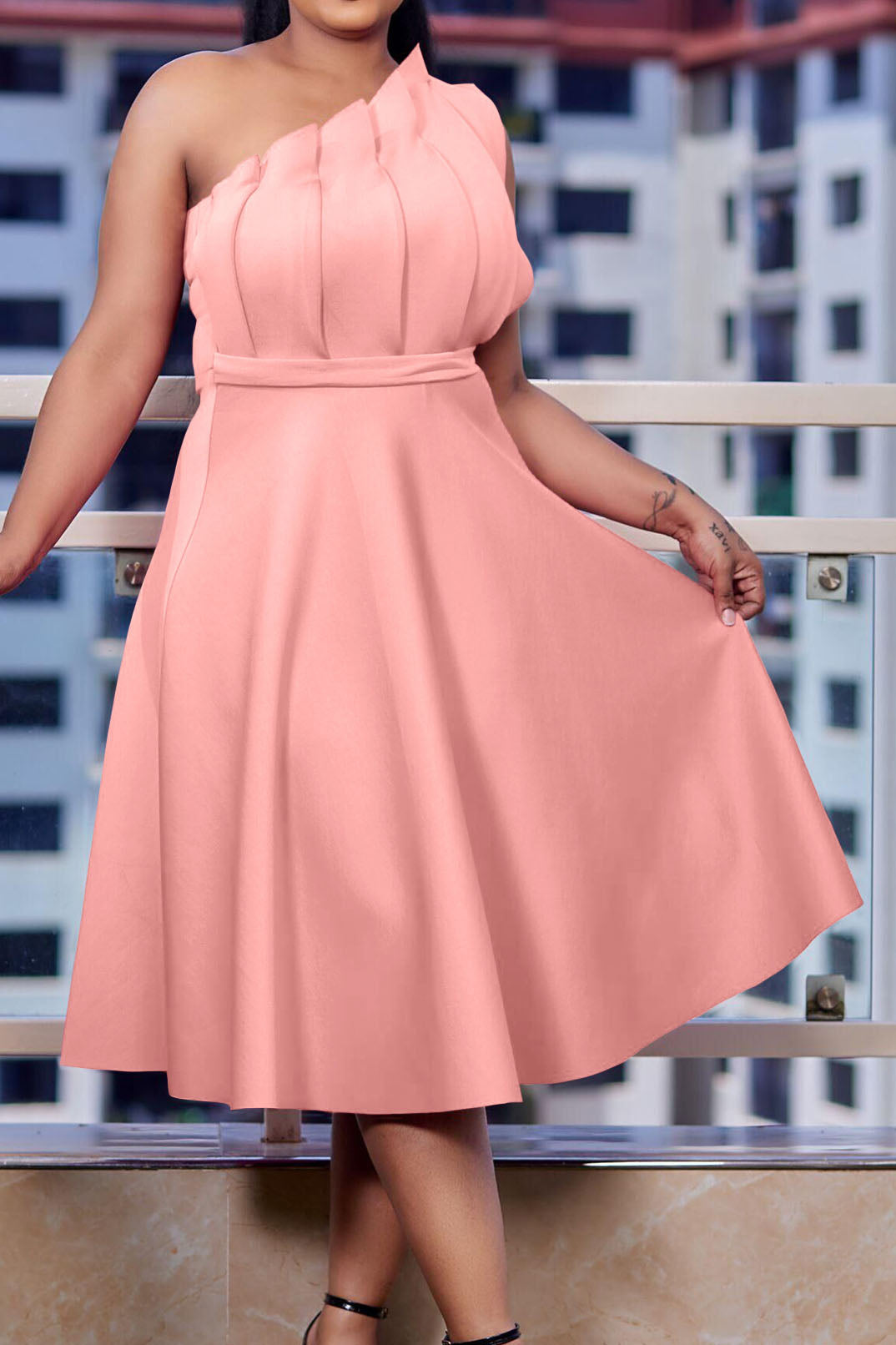 Pleated Asymmetric Cut Long Dress