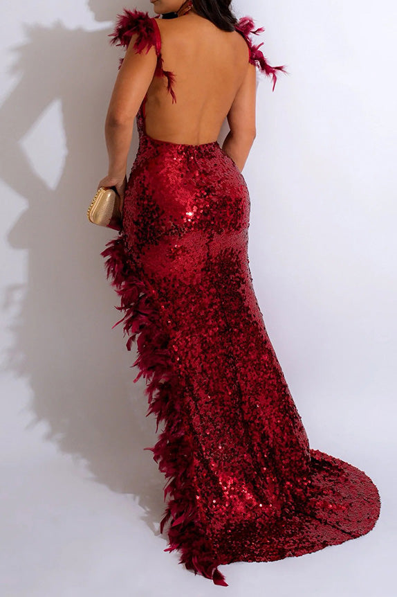 Feather Sequins Strap High Slit Dress
