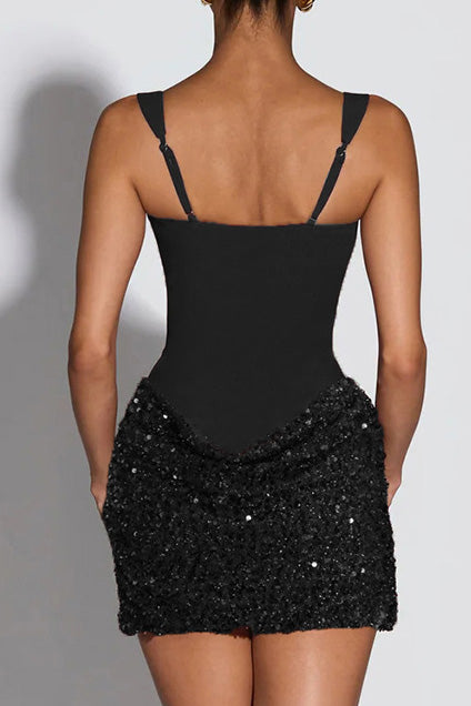 Square Neck Sequin Drape Mini Dress