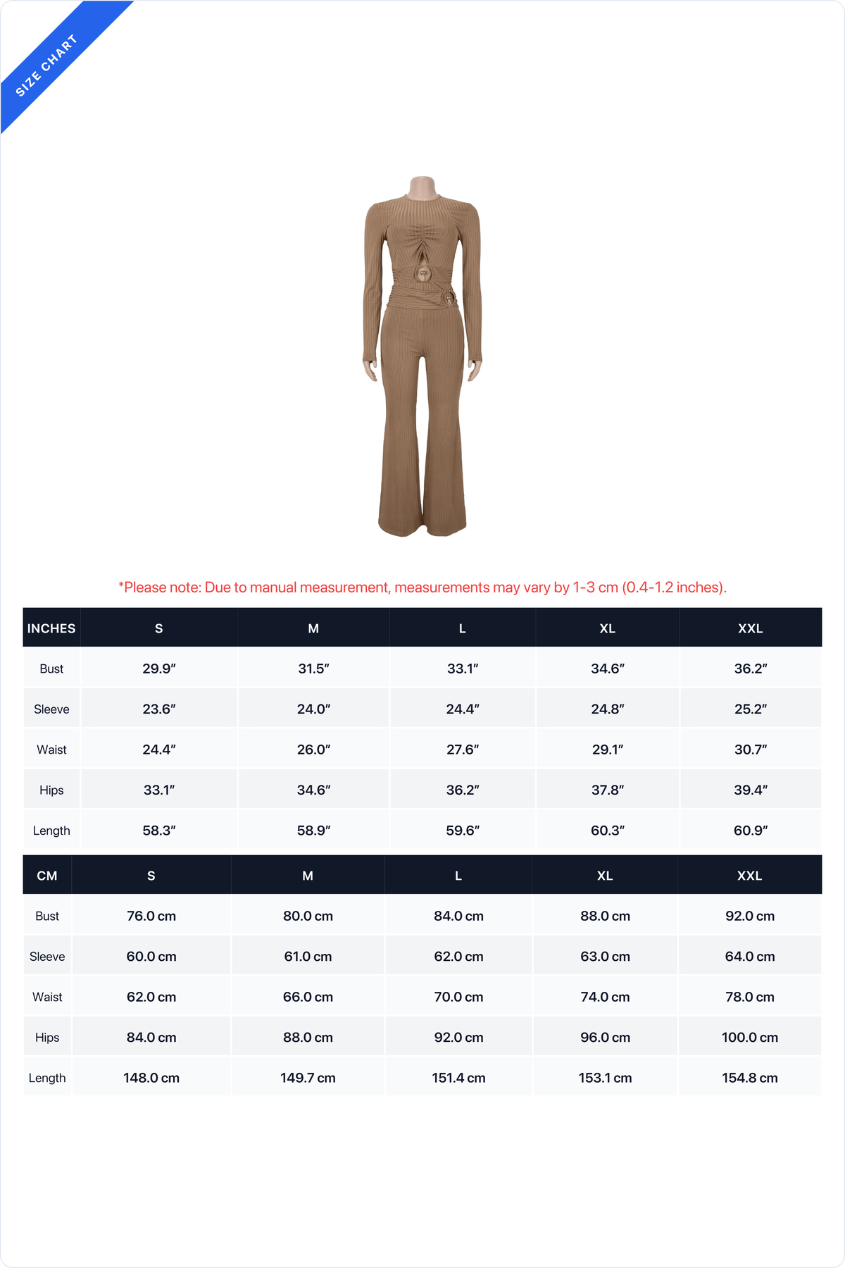 Ribbed Cutout Long-Sleeve Flared Jumpsuit
