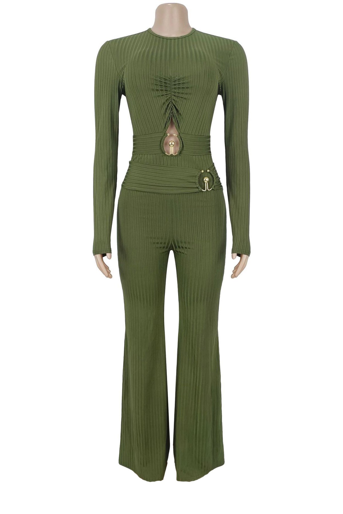 Ribbed Cutout Long-Sleeve Flared Jumpsuit