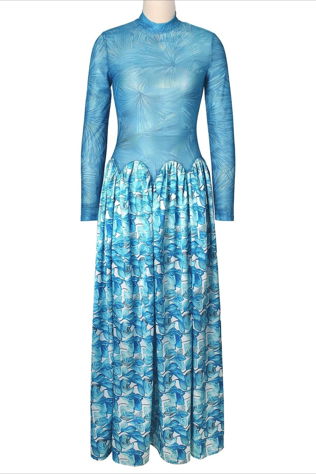 Mock Neck Mesh Floral Maxi Dress