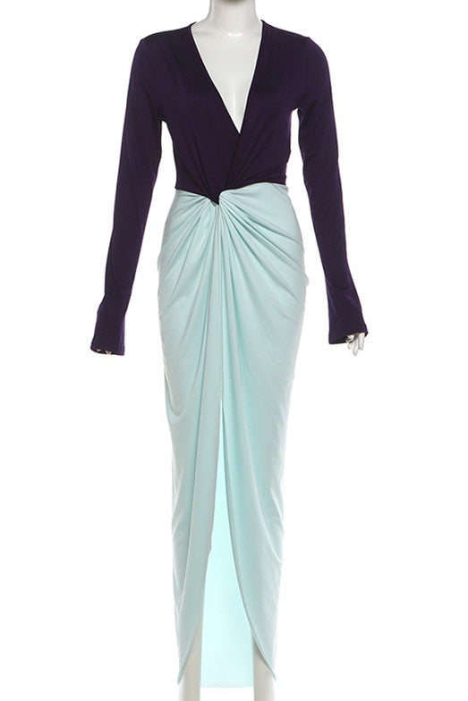 Deep V Neck Long Sleeve Slit Maxi Dress