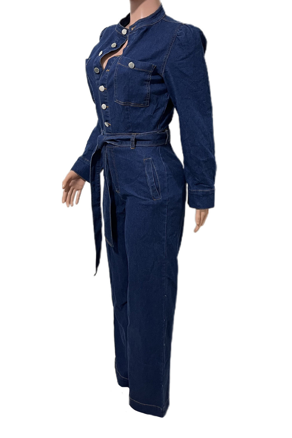 Long-Sleeve Wide-Leg Denim Jumpsuit