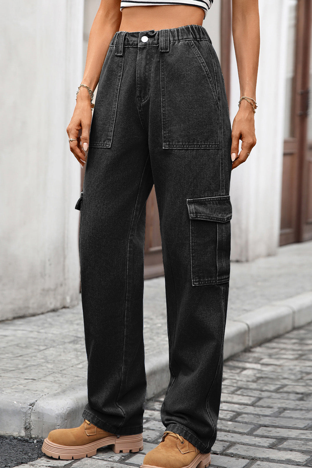 High Waist Elastic Baggy Cargo Jeans