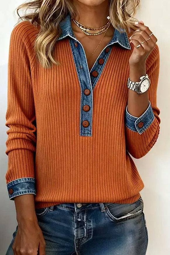Denim Collar Long Sleeve Knit Pullover Top