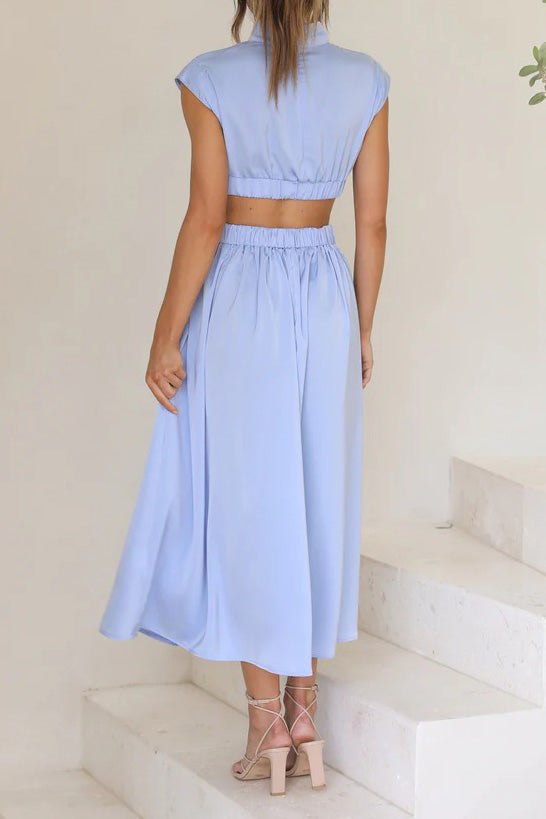 Mock Neck Cut Out Pleated Maxi Dress