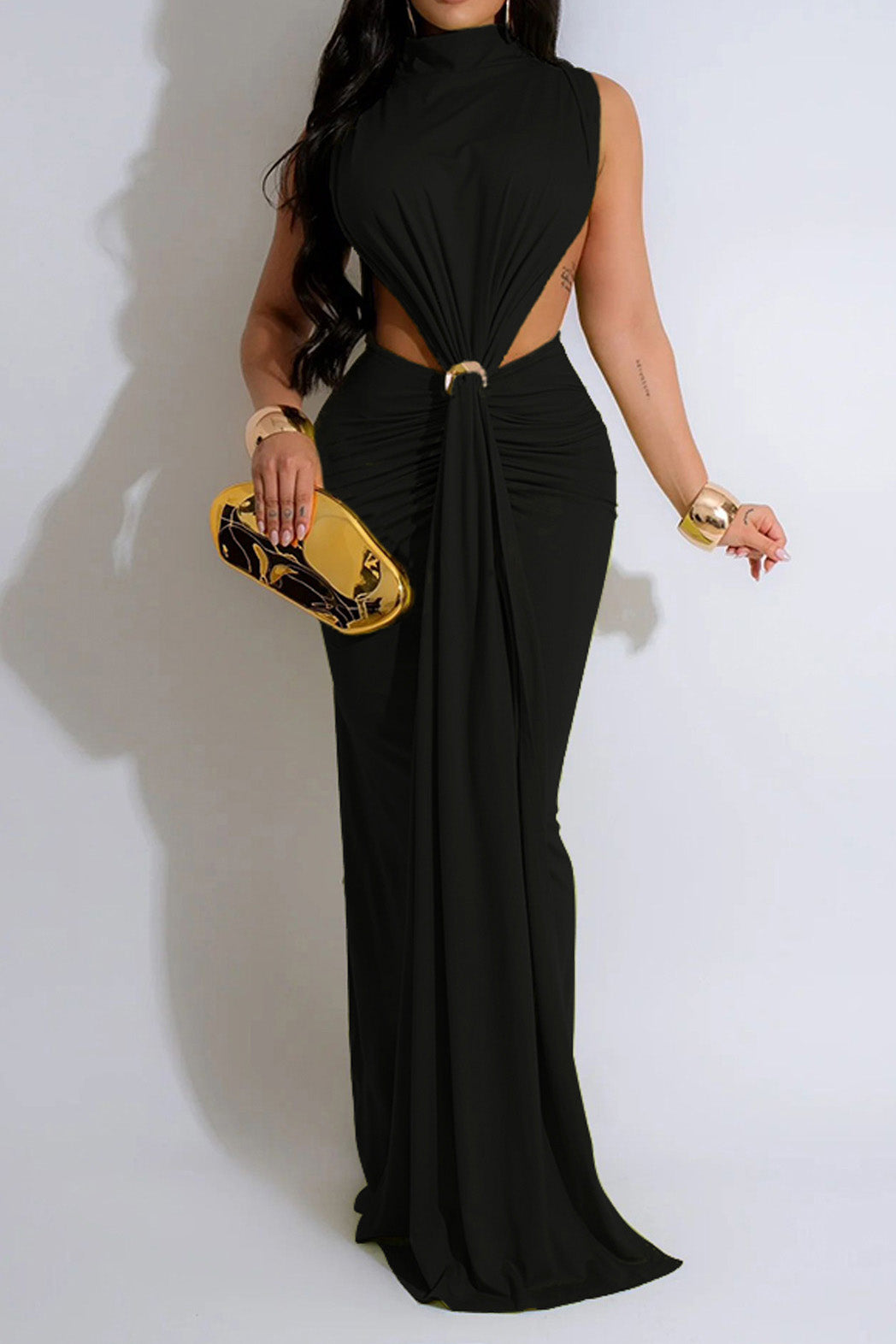 Mock Neck Cutout Ruched Maxi Dress