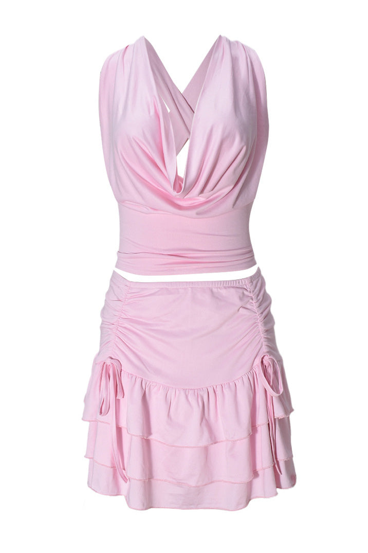 Cowl Neck Halter Ruffle Skirt Set