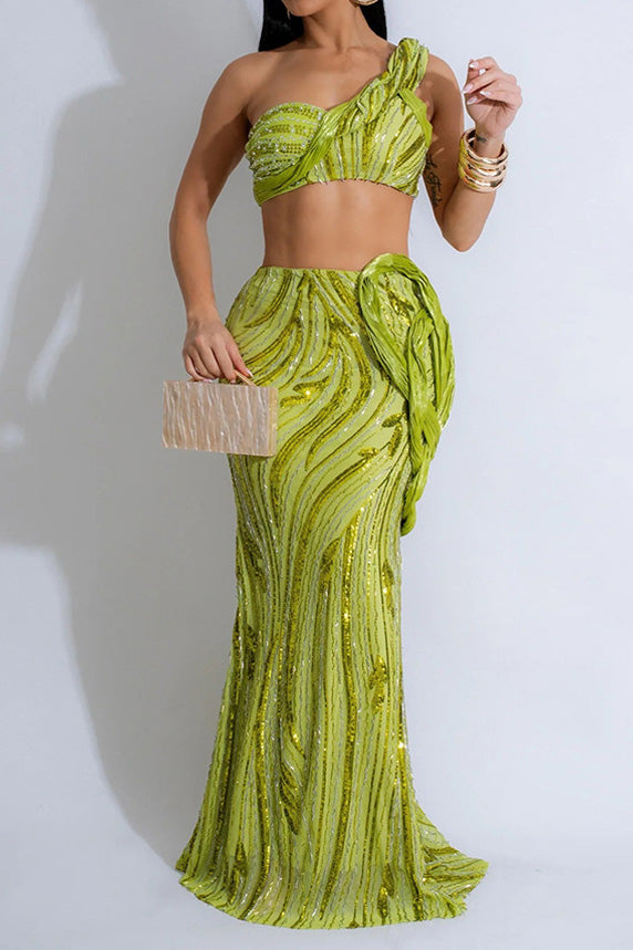 Sleeveless One-Shoulder Crop Top & Skirt Set