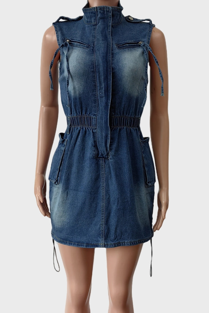 Sleeveless Denim Cargo Pockets Mini Dress