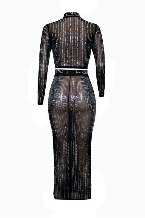 Rhinestone Mesh Illusion Two-Piece Maxi Set