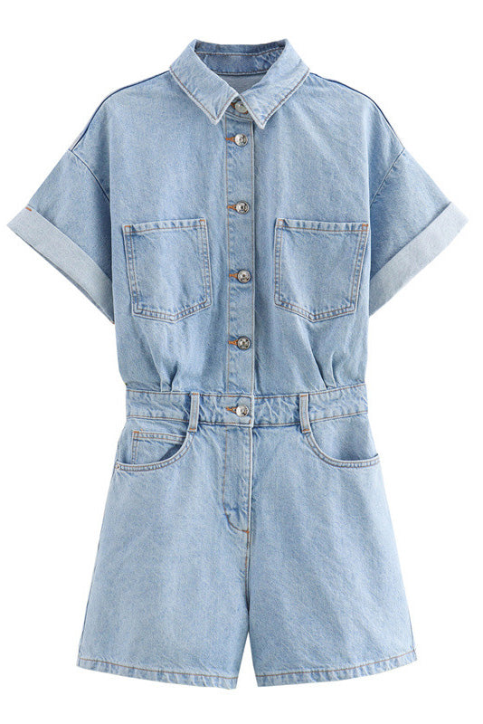 Denim Short Sleeve Romper with Pockets