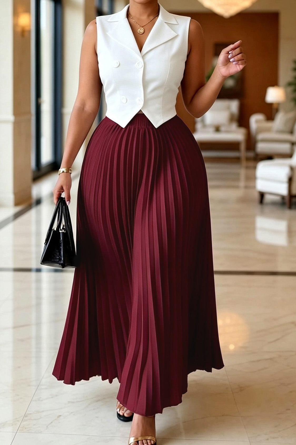 Tailored Vest Pleated Maxi Skirt Set