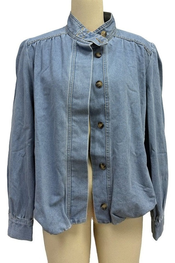 Puff-Sleeve Stand-Collar Denim Jacket