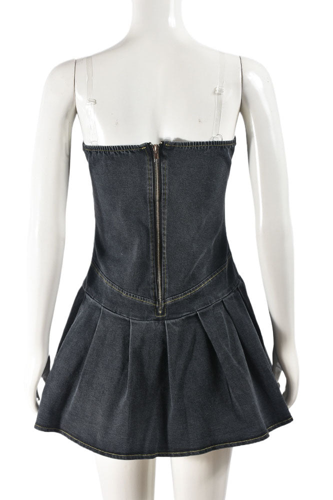V Neck Pleated Denim Dress