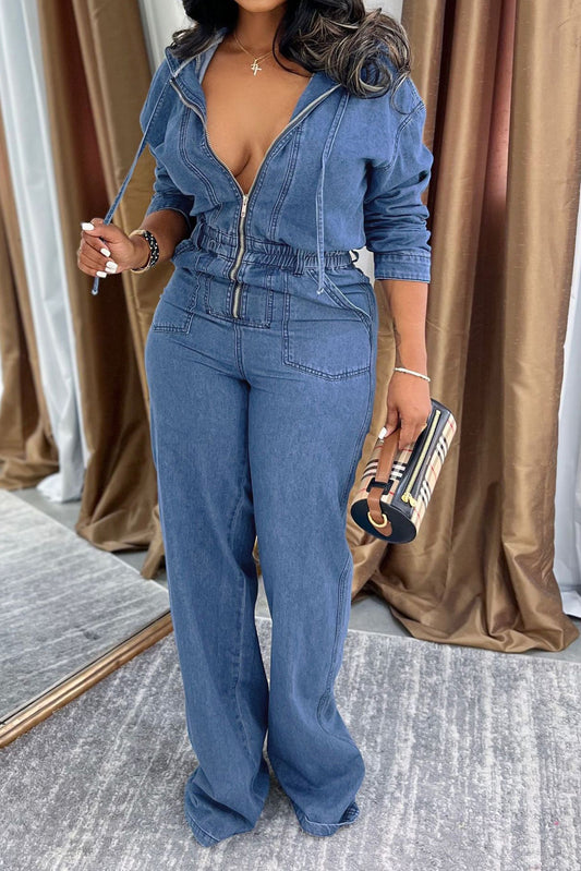 Hooded Zip-Up Wide Leg Denim Jumpsuit