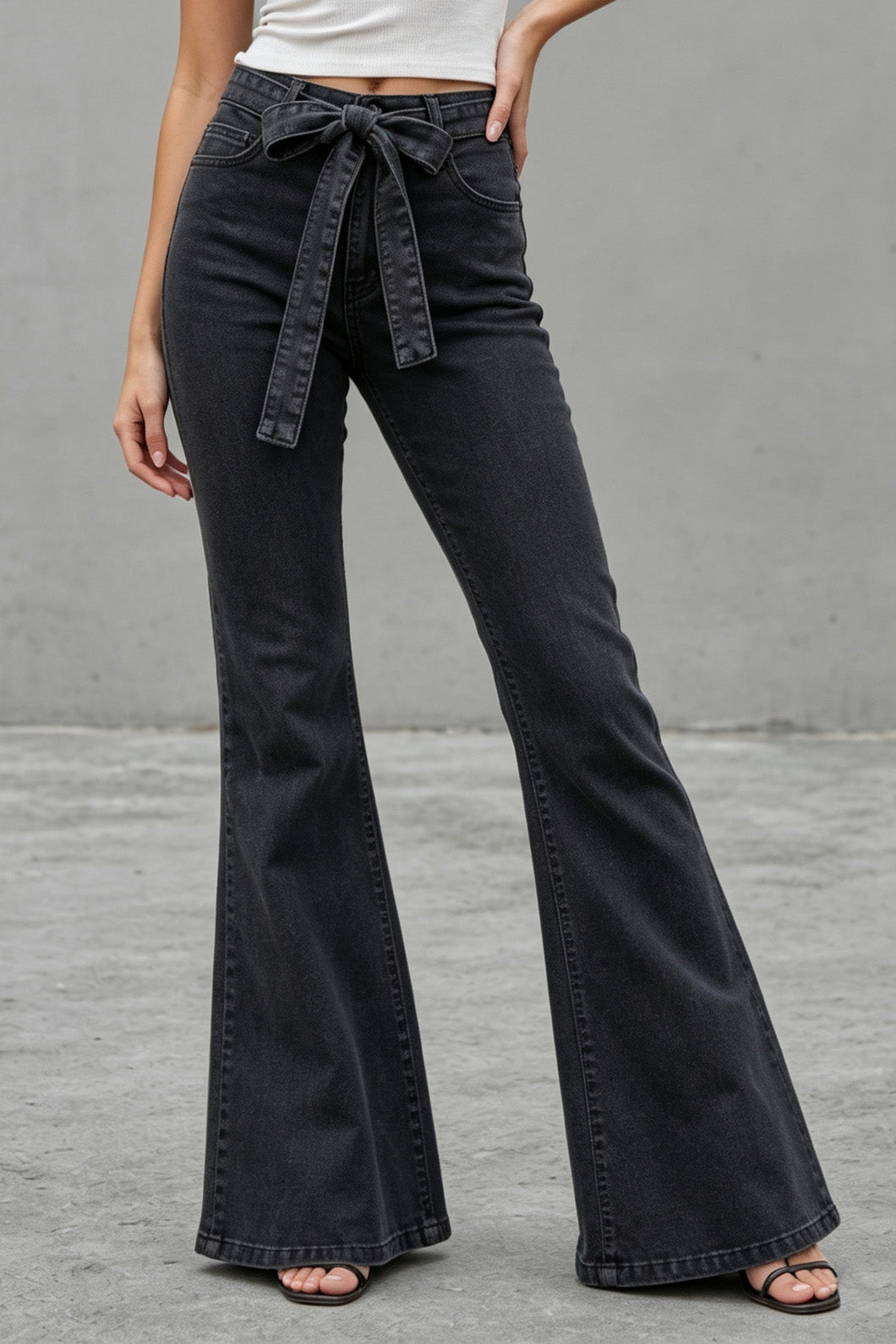 Medium Stretch High Rise Tie Belt Flare Jeans