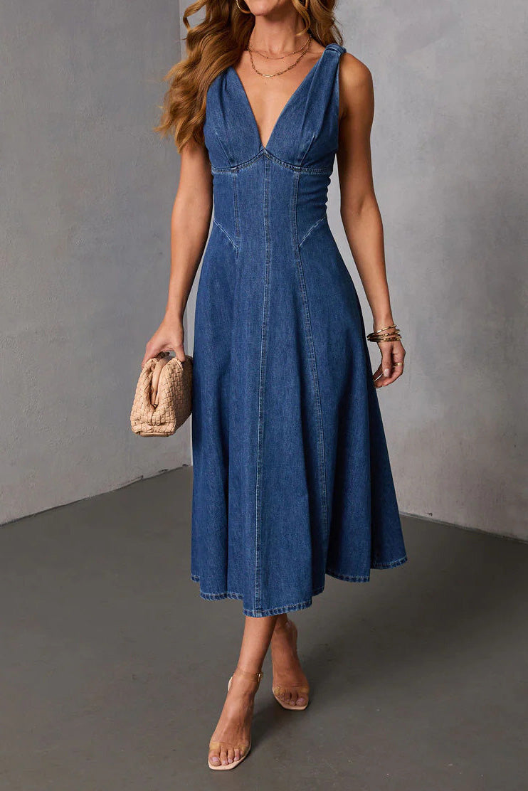 Plunge V-Neck Corset Denim Midi Dress