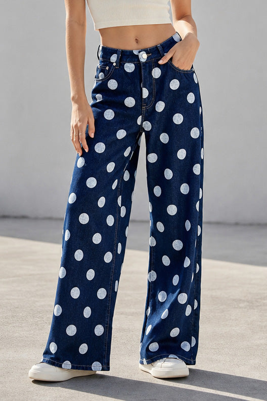 Non-Stretch Polka Dot Wide Leg Jeans
