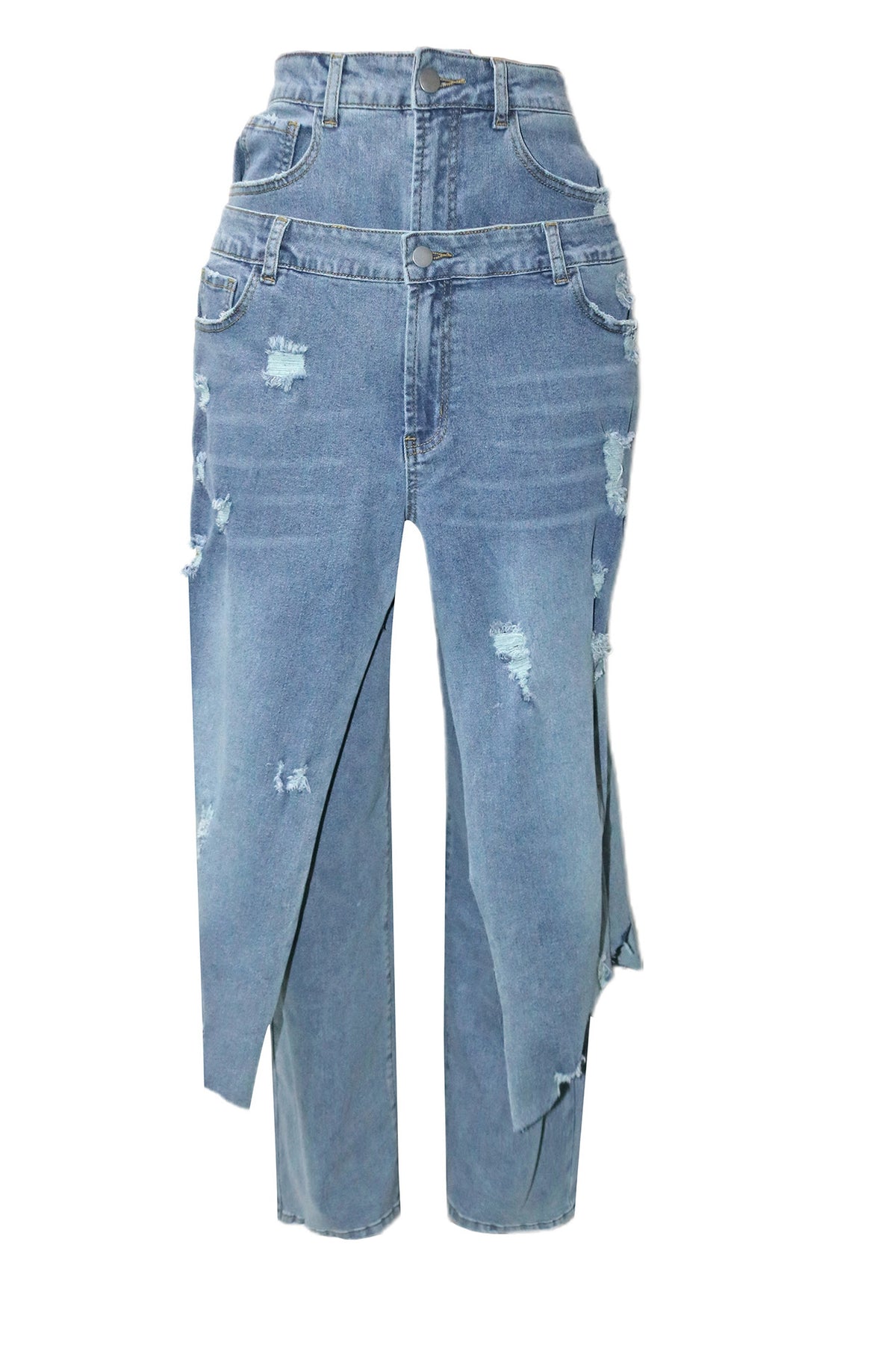 Double-Waistband Asymmetric Distressed Jeans