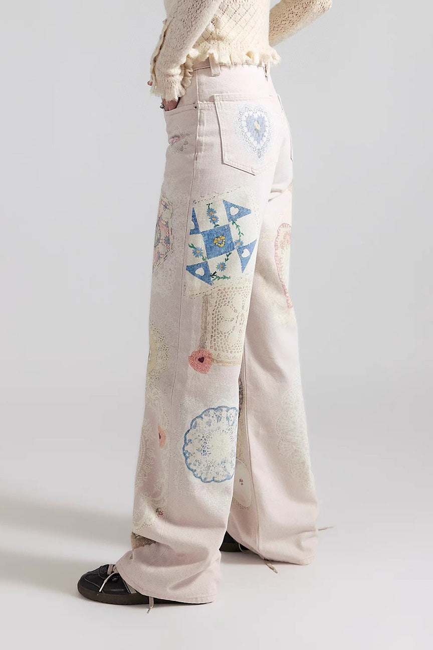 High-Waisted Statement Print Wide Leg Jeans