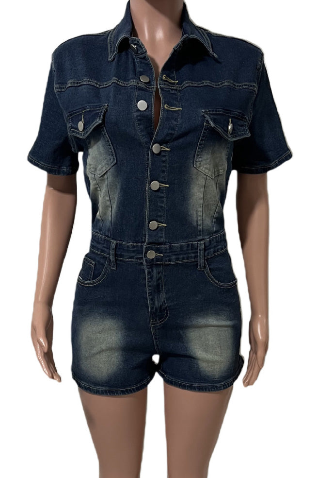 Short Sleeve Slim Fit Stretch Denim Romper