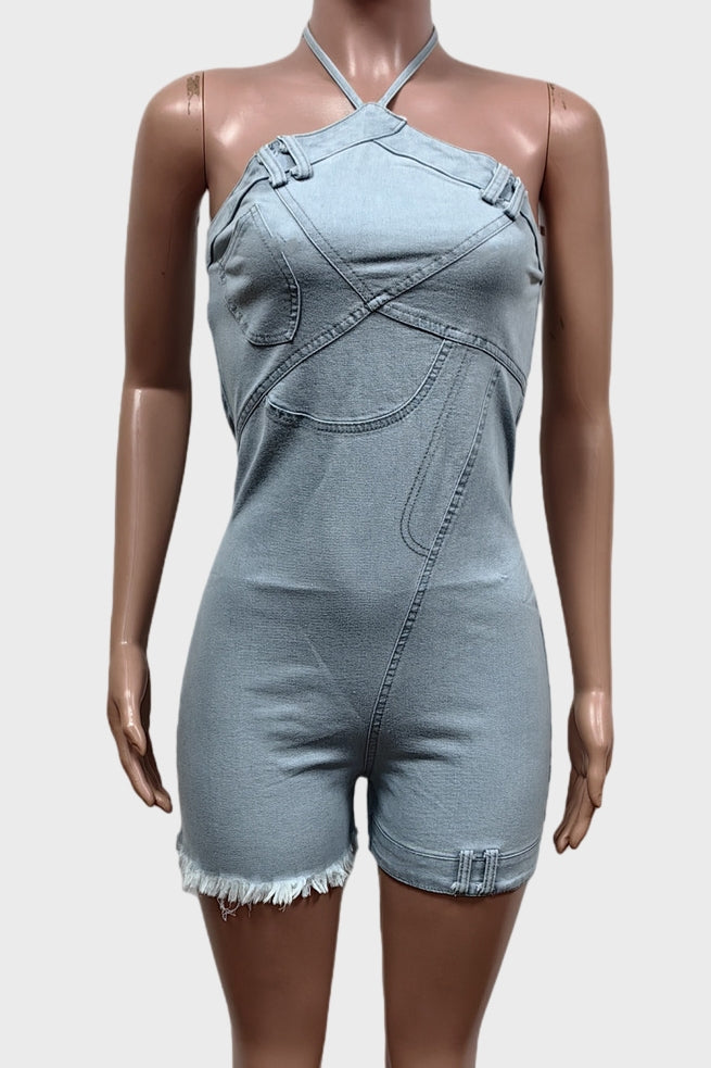 Hanging Neck and Backless Elastic Romper